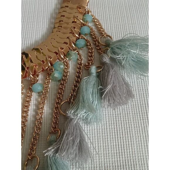 Light Blue & Gold Tone String Tassels Double Strand Bib Style Statement Necklace - Picture 5 of 9